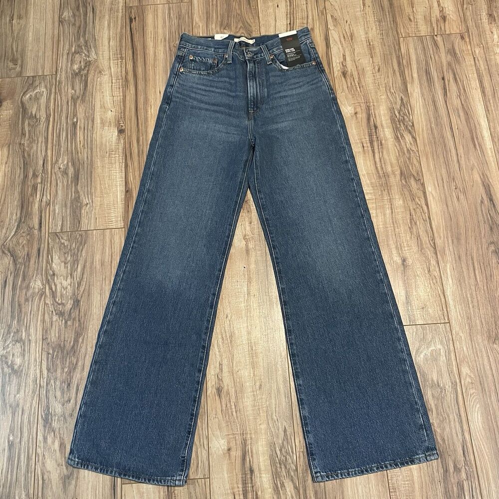 Levi’s Ribcage Wide Leg Jeans 30x34 Dark Wash NWT High Rise Denim Whiskering